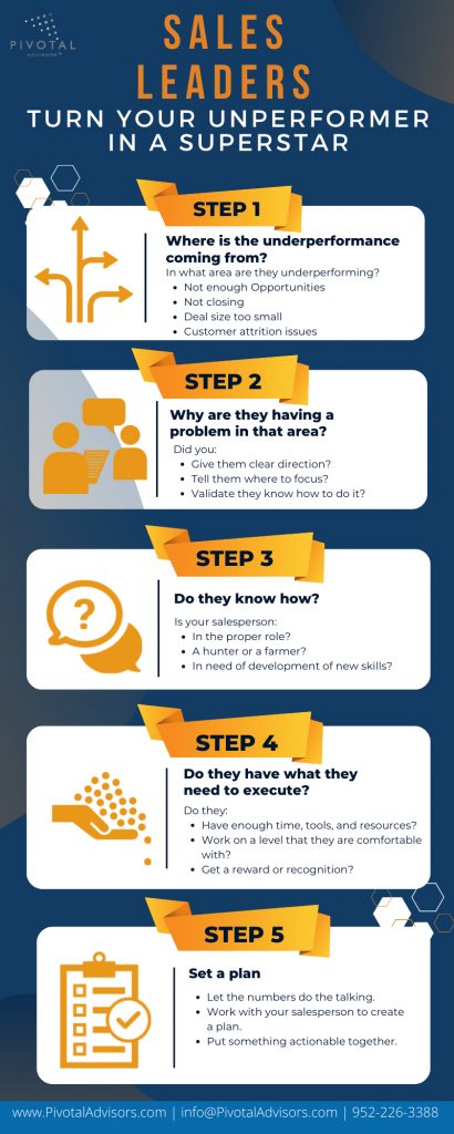 Step 1 Where is the underperformance coming from? Step 2 Why are they having a problem? Step 3 Do they know how? Step 4 Do they have what they need to execute? Step 5 Set a plan
